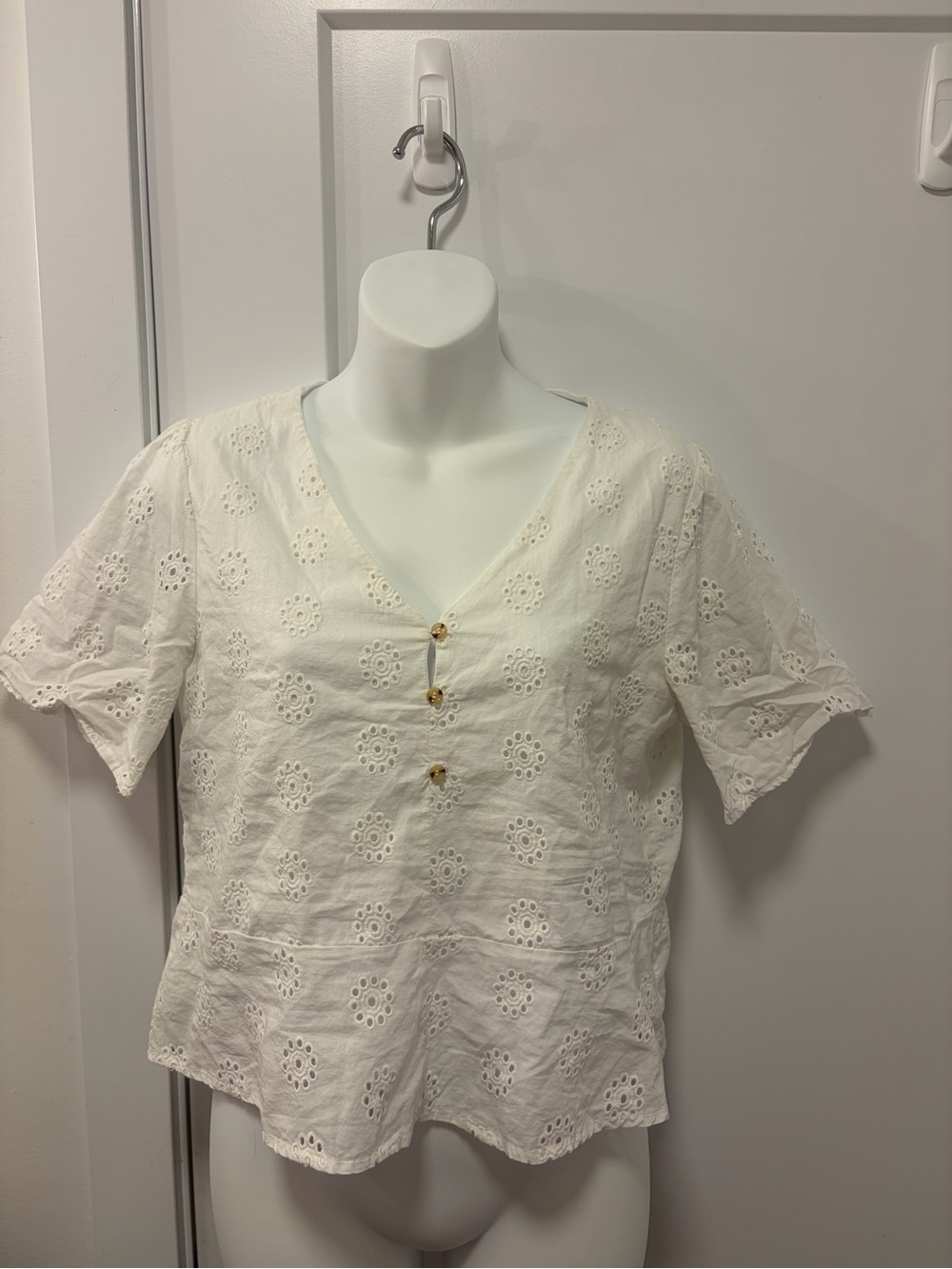 Urban Outfitters White Eyelet V-Neck Button Blouse